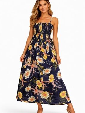 L/XL Navy Floral Swim Top with Yellow & Coral Accents